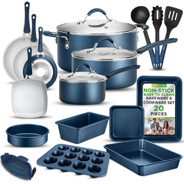 NutriChef 20-Piece Non-Stick Cookware Set, Pots & Pans Set & Baking Pans | PFOA/PFOS-Free | Cookware Set - Induction Pots & Pans, Round Cake Pan, Loaf Pan, Roasting Pan, Muffin Tin, Baking Sheet Marine Blue