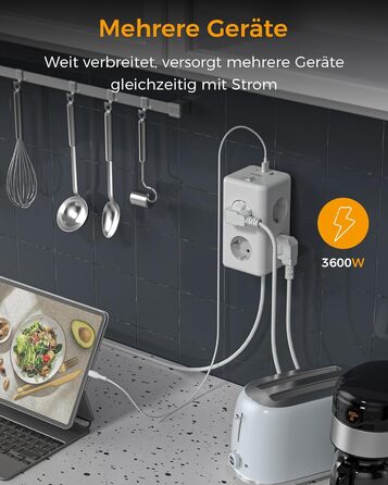 Мережевий фільтр TESSAN 6 розеток з USB-C, 9 в 1, з вимикачем, 2м кабель, для дому та офісу