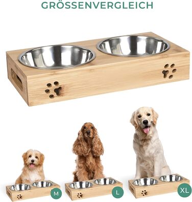 Станція для годування домашніх тварин LAUBLUST: підставка для мисок з бамбука, 2 нержавіючі миски | для собак та котів, розмір 31 x 15 x 6 см | M