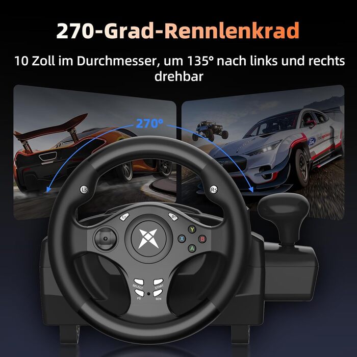 Ігрове кермо NBCP R270 з педалями: 270°, вібрація, сумісність з PC, PS3, PS4, Xbox One, Xbox Series X/S, Nintendo Switch – для гоночних ігор