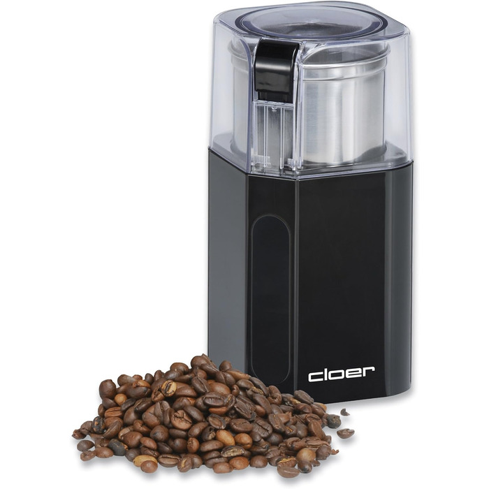 Cloer 7580 Electric Coffee and Spice Grinder, 200 W, for Pesto, Nuts and Grains, up to 70 g Coffee Beans, Removable Stainless Steel Container, Black
