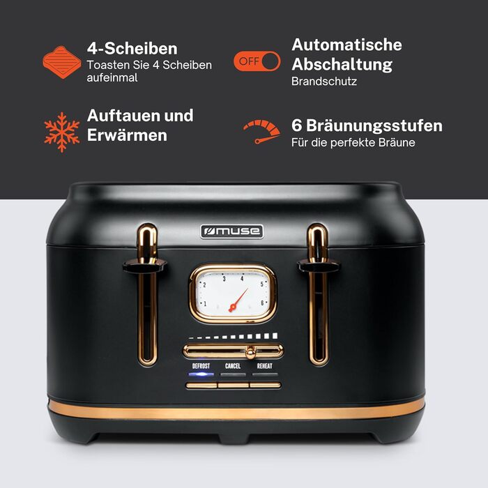 Тостер Muse MS-131 BC: 4-х секційний, чорний, ретро дизайн, 6 рівнів підсмажування, з підсвічуванням та крихкозбірником
