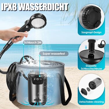 Мобільний душ для кемпінгу з насосом, акумулятор 8000mAh, індикатор температури, шланг 2м. Підходить для кемпінгу, миття авто, саду та тварин