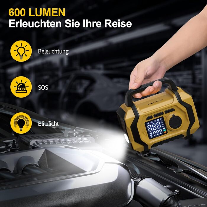 Портативний пусковий пристрій FOWAWU 9-в-1 з компресором, акумулятор 6000A, 26800mAh, 150psi, автовимкнення