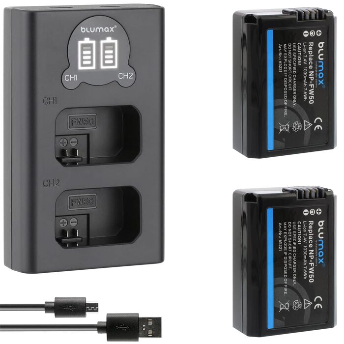 Акумулятор Blumax сумісний з Sony NP-FW50 1030mAh + Зарядний пристрій Slim Dual для Sony Alpha 7/7II/7R/7S II/6300/6500/NEX-7/NEX-F3/DSC RX10 IV/ZV-E10