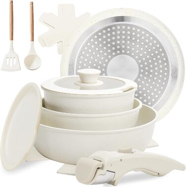 Набір посуду Numola 10 предметів: каструлі та сковорідки з антипригарним покриттям, знімні ручки, керамічний набір посуду для індукційних плит, кемпінгу, сумісний з посудомийною машиною