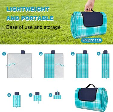 Килимок для пікніка SOMLAW водовідштовхувальний, великий, 200x200 см, для 4-6 осіб, з ручкою, ідеальний для кемпінгу та пляжу (Himmelblau Kariert)