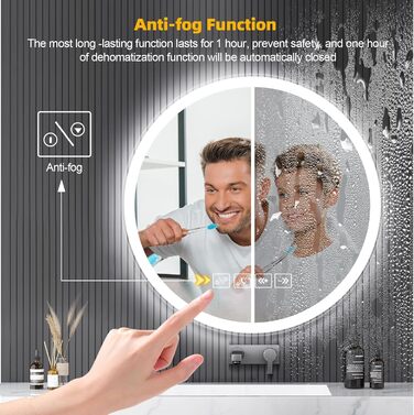 Дзеркало для ванної кімнати Viugreum з підсвічуванням 50x75 см, овальне LED дзеркало, регульована яскравість, 3 кольори світла, проти запотівання, годинник, сенсорне управління, LED дзеркало для ванної кімнати, вітальні