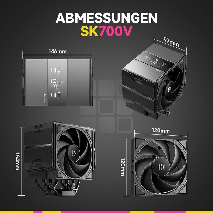 Система охолодження CPU Sudokoo SK700V AM5: Кулер для ПК з дисплеєм, 120мм вентилятор, 7 heatpipes, сумісний з AM5, безперешкодний доступ до RAM, 5 років гарантії, чорний