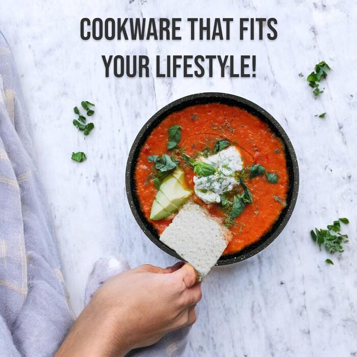 Набір посуду Royal Swiss, індукційний, 9 предметів, 2 знімні ручки, товстостінний посуд з кришкою для всіх типів плит - Бежевий Діамант - Каструлі та сковорідки без PFOA, PFAS