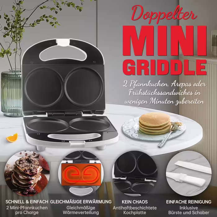 SugarWhisk Mini Pancake Maker, Pancake Maker, Electric Double Pancake Pan, Pancake Pan, Ideal for Pancakes, Cookies, Eggs, Arepas & Breakfast Sandwiches, White Mini Pancake Machine