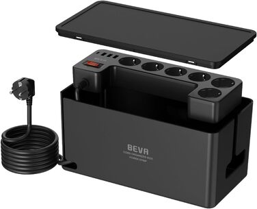 Блочок розеток BEVA з прихованими роз'ємами, 3680W/16A, захист від перенапруги 1050J, 2м кабель, 6 розеток + 3 USB-A + 1 USB-C (15W), з вимикачем, чорний
