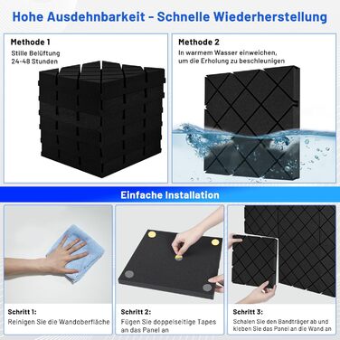 Акустичний поролон для шумоізоляції, звукопоглинаючі панелі 7.5 x 30 x 30 см, самоклеючі шумоізоляційні плити (24 шт) + 150 двосторонніх клеячих подушок