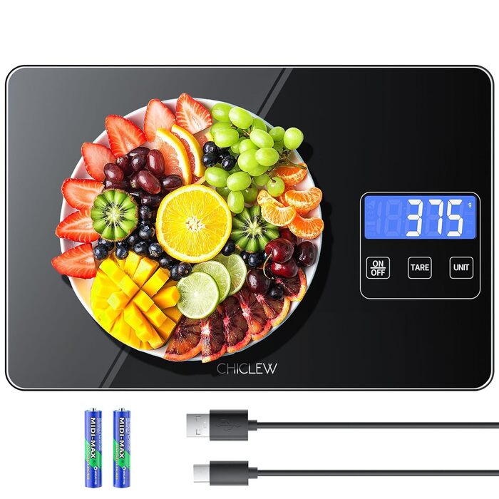 Електронна кухонна вага CHICLEW 15 кг з LCD дисплеєм, 5 одиниць вимірювання, скло, чорний