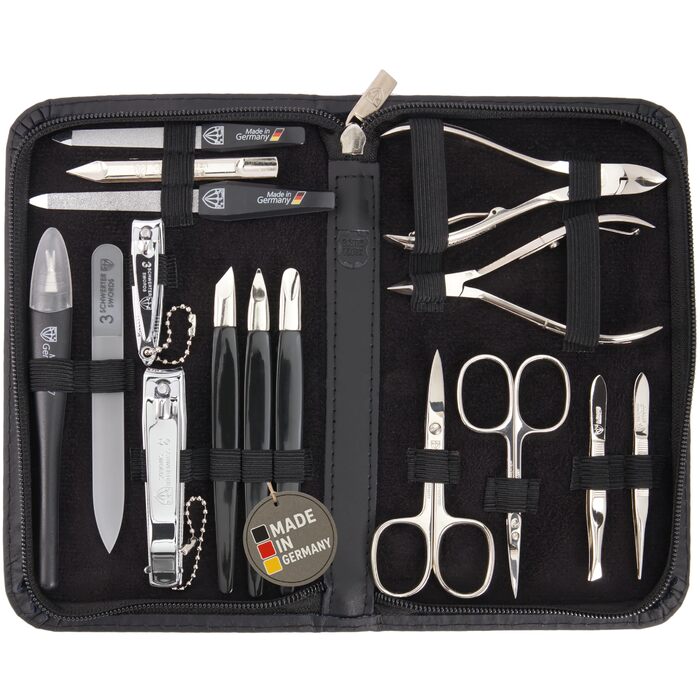 Набір манікюру та педикюру DREI SCHWERTER 'Cinisello' - 16 предметів | Чорний кейс з якісного шкірозамінника для догляду за руками та ногами. В комплекті: ножиці, кусачки, пінцет та багато іншого.