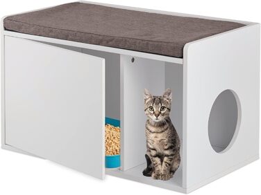 Relaxdays Cat Cabinet with Cushioned Seat, 2in1 Cat Litter Box Cabinet & Bench, WxDxH: 45.5 x 75 x 43 cm, for Cat Litter, white/gray
