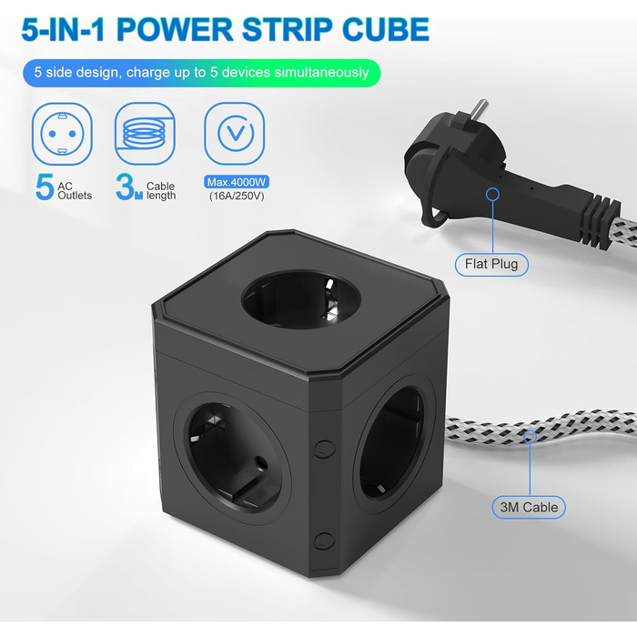 Блок розеток з USB-C, 4 розетки, плоский штекер, індивідуальне вмикання, багатофункціональна розетка-куб з 2м плетеним кабелем для офісу, дому, подорожей - Білий