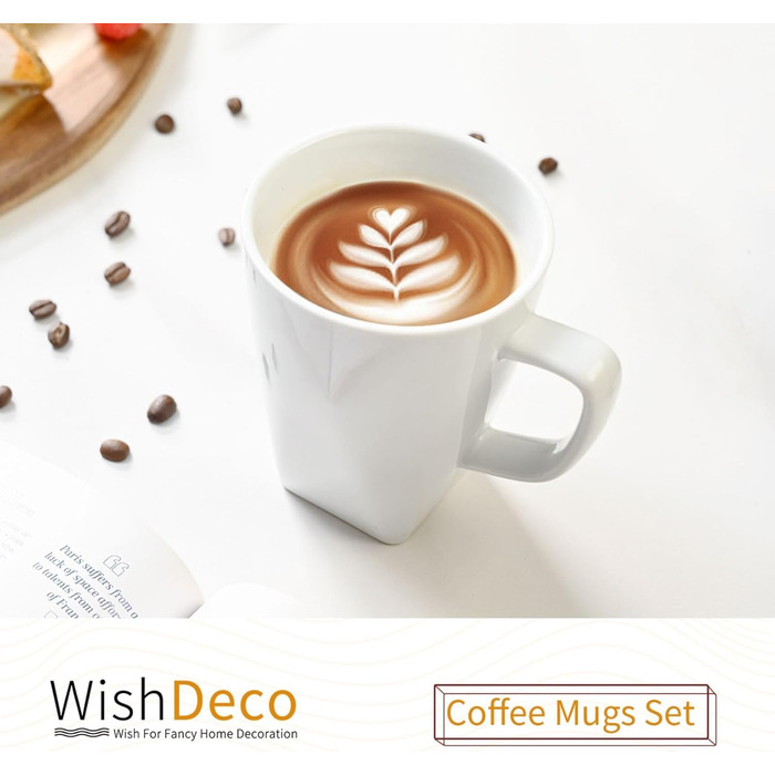 Набір кавових чашок WishDeco 6 шт., порцеляна, білий колір, 400 мл, з ручкою, для кави, чаю, капучино, молока, гарячих напоїв, квадратна основа