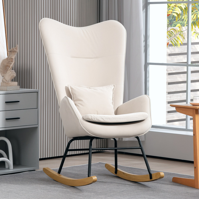 HOMCOM Rocking Chair Glider Armchair, Still Chair with Velvet Look, Rocking Chair with a 120 kg Load Capacity for Bedrooms, Living Rooms, Cream White | Aosom
