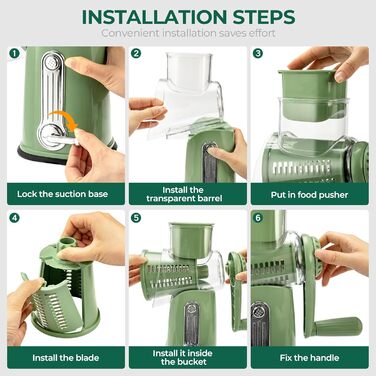 Тертка для сиру та овочів SUTEAS з ручкою - 5 насадок, потужний присосок, набір для нарізання овочів, ідеально підходить для сиру, огірків, моркви, горіхів, овочів, з коробкою для зберігання лез (Ретро-зелений)