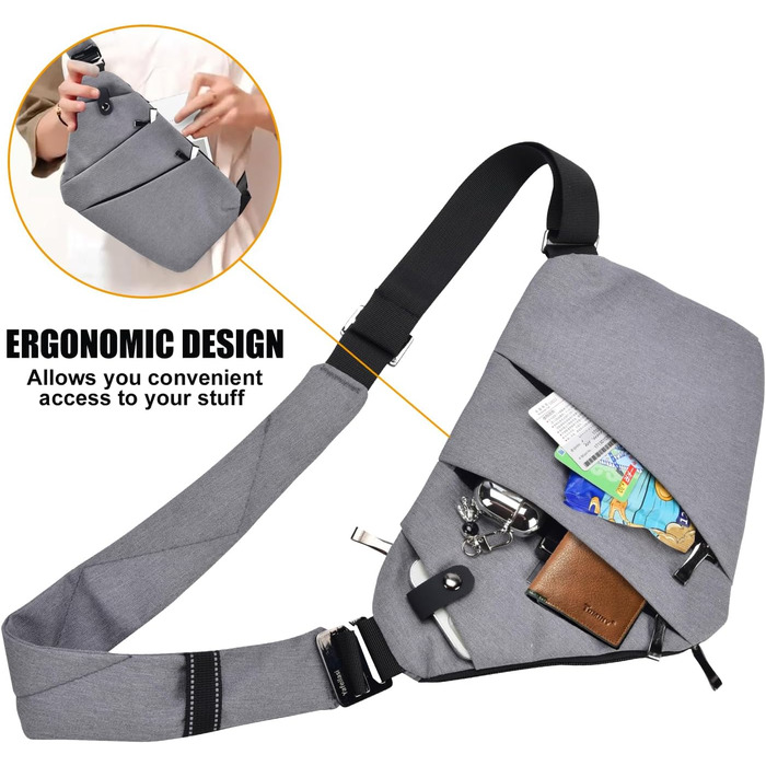 Сумка на груди Fibrdoo, антикрадіжна, через плече, чоловіча/жіноча, сіра, для подорожей, спорту та активного відпочинку