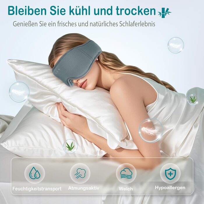 Маска для сну MUSICOZY з навушниками | 3D маска для сну з Bluetooth 5.4, 100% затемнення, з біо-бамбукової бавовни, для подорожей, сіра