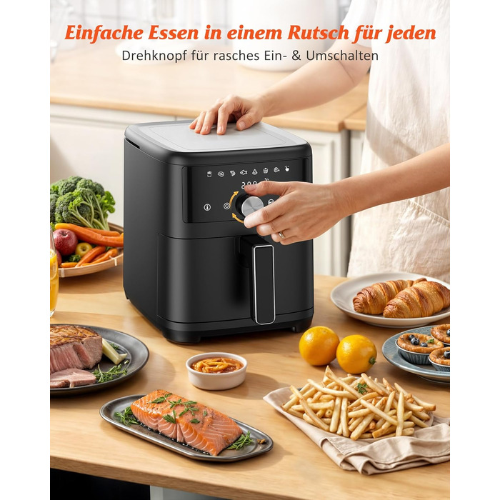 Фритюрниця повітряна Innsky 6L, 8-в-1, 1500W з LED-touchscreen, чорна. Енергозберігаюча, для 3-5 осіб, 50dB, миється в посудомийній машині