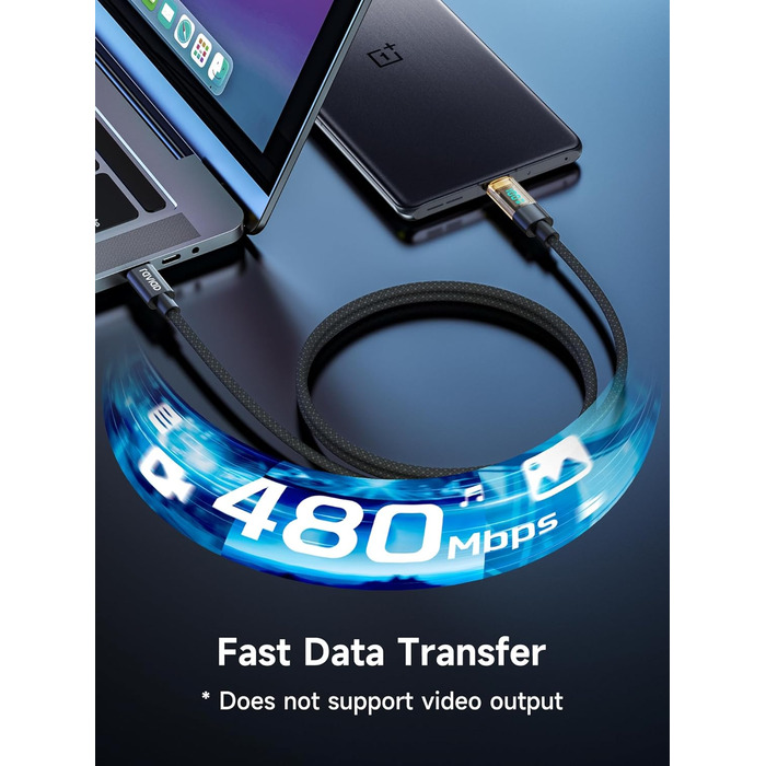 Кабель USB-C RAVIAD з підтримкою PD3.1: швидка зарядка, нейлон, 0.3м, 100W, чорний. Сумісний з iPhone, Galaxy, Pixel, iPad, MacBookAir