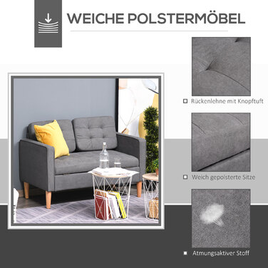 HOMCOM 2-Seater Sofa Fabric Sofa Loveseat with Removable Cushions Made of Rubberwood and Cotton in Grey 117x62x78 cm for Living Room