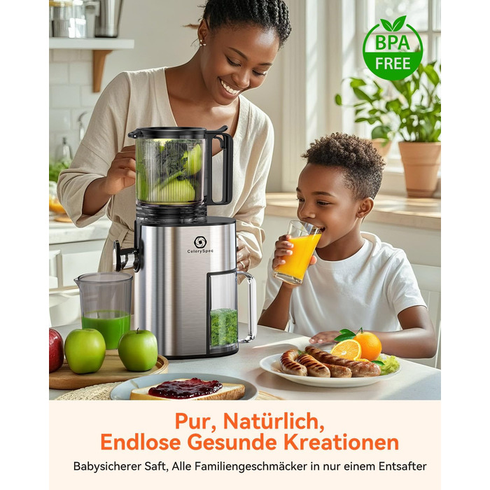 Соковитискач CelerySpec Slow Juicer - переможець тесту, для цілих овочів та фруктів, 130 мм, 1.8л, BPA-free, 250W, з функцією зворотного ходу, нержавіюча сталь, чорний