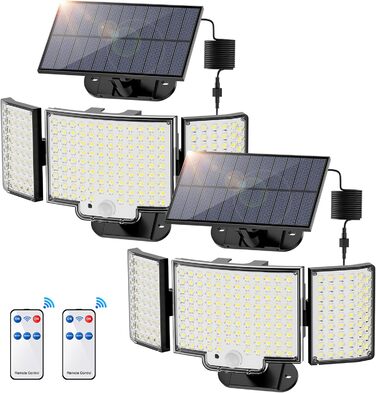 Сонячні вуличні LED лампи з датчиком руху, 212 LED, 3 режими, IP65, водонепроникні, настінні прожектори для саду (2 шт, холодне біле світло)