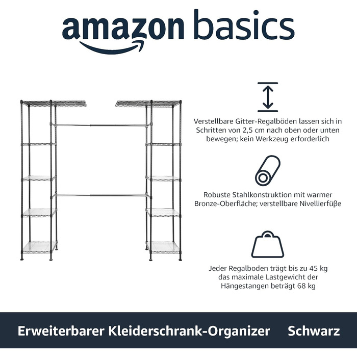 Amazon Basics Extendable Open Closet with 10 Height-Adjustable Shelves - Maximum Weight 521 kg, Black, 144.8 - 203.2 x 35.6 x 182.9 cm