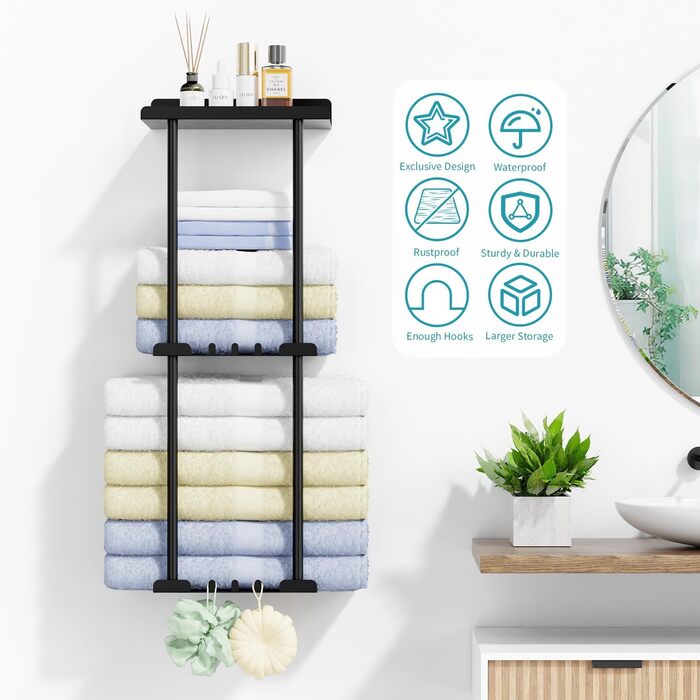 Тримач для рушників без свердління, чорний, з 6 гачками та полицею для ванної кімнати та кухні