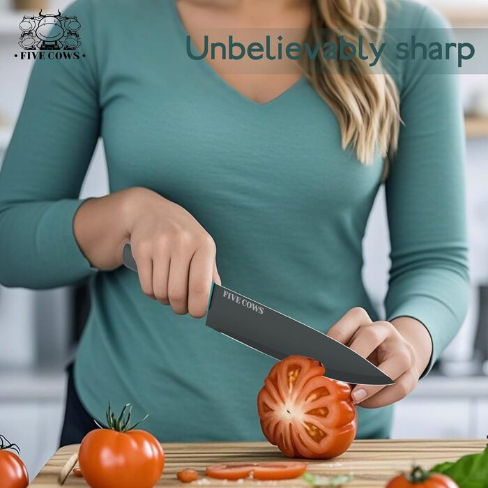 Набір кухонних ножів FIVE COWS (14 предметів) з автоматичним точильним, з ножем для стейку та ножицями, антиокислювальне покриття, професійний набір для дому (зелений)
