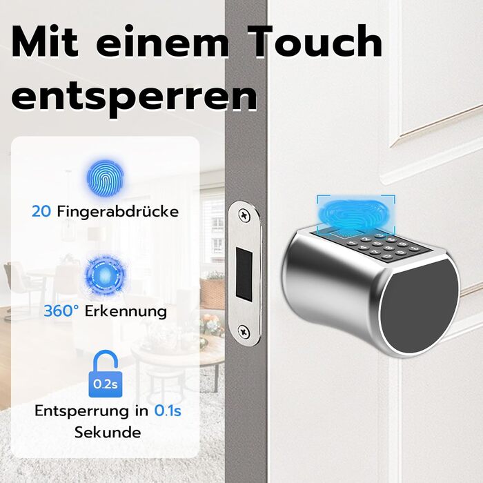 Електронний дверний замок Eseesmart з відбитком пальця, кодовим вводом, Bluetooth-додатком і ключем, циліндр 40/40 (80 мм)