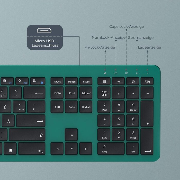 Бездротовий комплект клавіатури та миші Seenda SK38-3 Ultra-Dünne, Ergonomічна клавіатура з захистом від пилу, DE QWERTZ, чорний/зелений