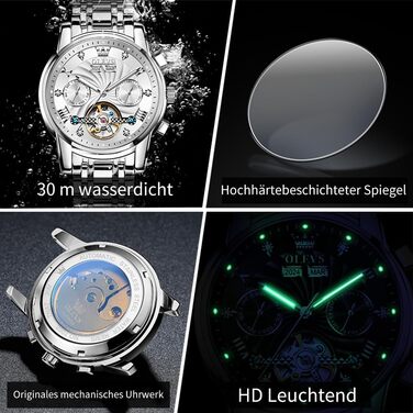 Чоловічий механічний годинник OLEVS з турбійоном та календарем, водонепроникний, зі світлою індикацією (7088, сріблястий)