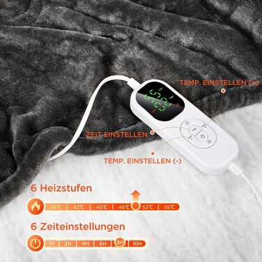 Електрична ковдра VIWAVE з автовимкненням, 6 режимів нагріву, таймер 6 годин, цифровий регулятор, захист від перегріву, 130x180 см