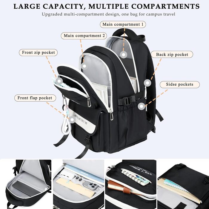 Шкільний рюкзак для підлітків дівчаток та хлопців, рюкзак у школу з багатьма кишенями, водонепроникний шкільний ранець великого розміру з відділенням для ноутбука 15,6' чорного кольору