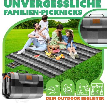 KESSER® Picnic Blanket Camping Blanket XXL 200 x 200 cm - Warm-insulated with waterproof underside, carrying handle. Foldable beach blanket, picnic blankets for 4-6 people. Washable picnic blanket.