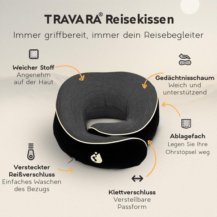 Подушка для шиї TRAVARA - Memory Foam - для подорожей на авто та літаку - чорна