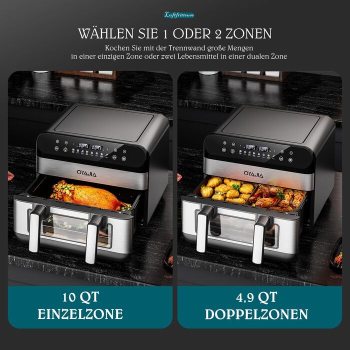 Фритюрниця повітряна з цифровим LED-дисплеєм, 10-в-1, 10 л. Зі скляним вікном, таймером та функцією здорового приготування без олії.