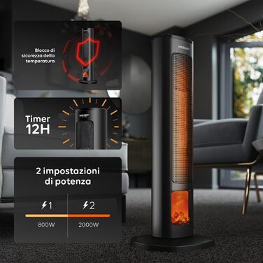 Електричний обігрівач Wintem Tower з LED-дисплеєм та пультом керування, 800/2000 Вт, для кімнат до 20 м², з захистом від перегріву та автоматичним гойданням, 60 см, чорний