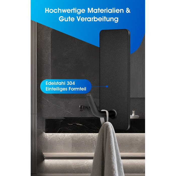 Набір гачків для рушників без свердління, 10 шт., самоклеючі гачки з нержавіючої сталі 304, надміцні клейкі гачки для великих предметів, гачки на стіну для ванної, туалету та кухні, стійкі до іржі, чорні гачки для рушників