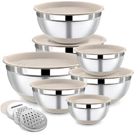 Набір місок для перемішування BEWOS 7 шт. з кришкою, нержавіюча сталь, набір місок з терткою, вкладна конструкція, колір хакі, протиковзкі дна, об'єм 0.5, 1, 1.4, 1.85, 2.35, 3.2, 4 л для змішування та подачі