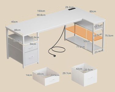 Ігровий кутовий стіл Coleshome з 2 шухлядами, 160×80 см, білий