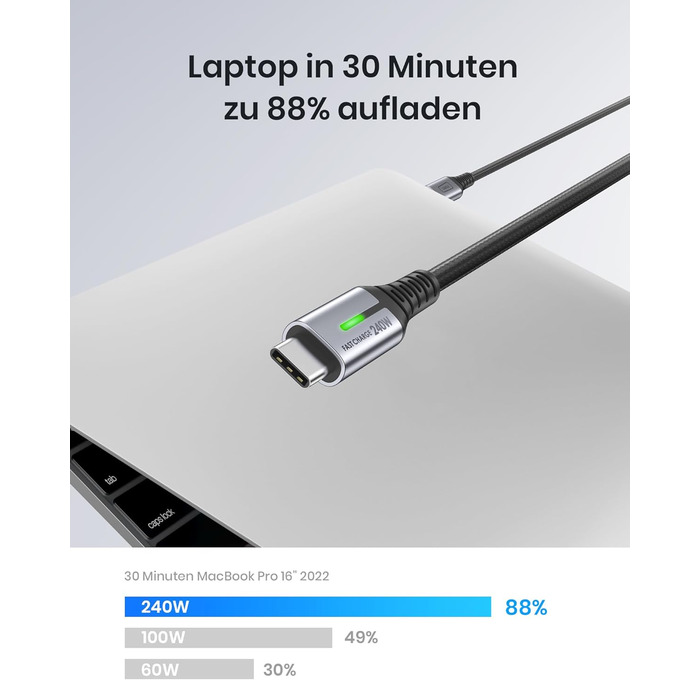 Кабель USB-C 240W з LED-підсвічуванням, 2 шт. (2м+2м), нейлон, для iPhone, Samsung, Pixel, iPad, MacBook