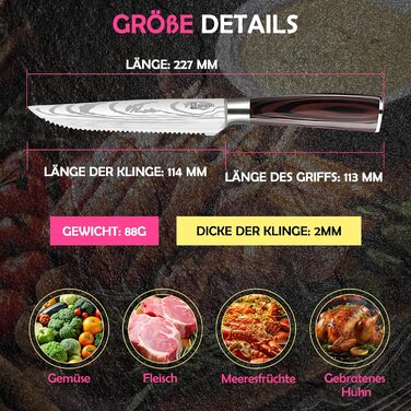 Японський ніж JUANSHI® 13 см, універсальний ніж для кухні - професійний ніж з ручкою з паккавуду з високоякісної нержавіючої сталі з вуглецевої сталі, 2024227 (ніж для стейка 11.4 см)