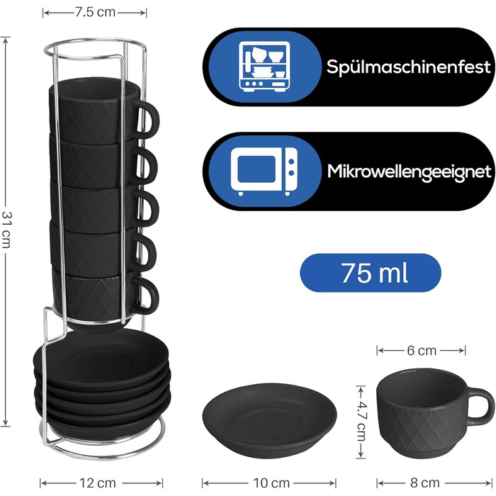 MIAMI – 6 x 75 ml Espresso Cups/Espresso Cup Set with Stand Stoneware Ceramic - Palmanova Collection (Black)
