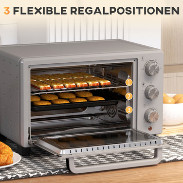 HOMCOM 21L Small Oven, 100°C-230°C, 1 Hour Timer, with 3 Cooking Modes, Wire Rack, Baking Tray, Stainless Steel, 46L x 38.5W x 29H cm, Silver | Aosom